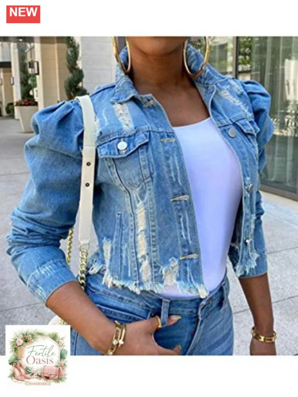 Women's Cotton Denim Jacket Cropped Puff Sleeve Long-Sleeve Frayed Hem